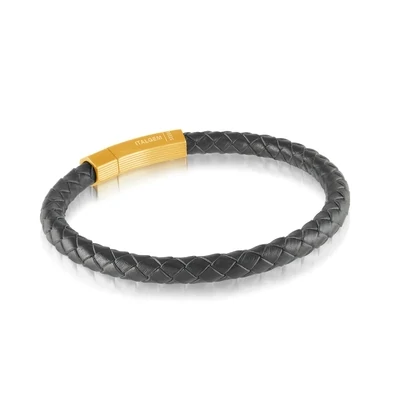 Italgem SLB563 Men's 8.25" Gold IP Push Clasp Black Leather Bracelet