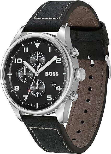 BOSS 1513987 Men's View Silver Stainless Steel Black Leather Strap Watch
