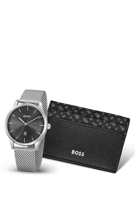 Hugo Boss 1570159 Men's Reason S.Steel Quartz Watch & Logo Card Holder Set 2PC/ BLACK (BOX)