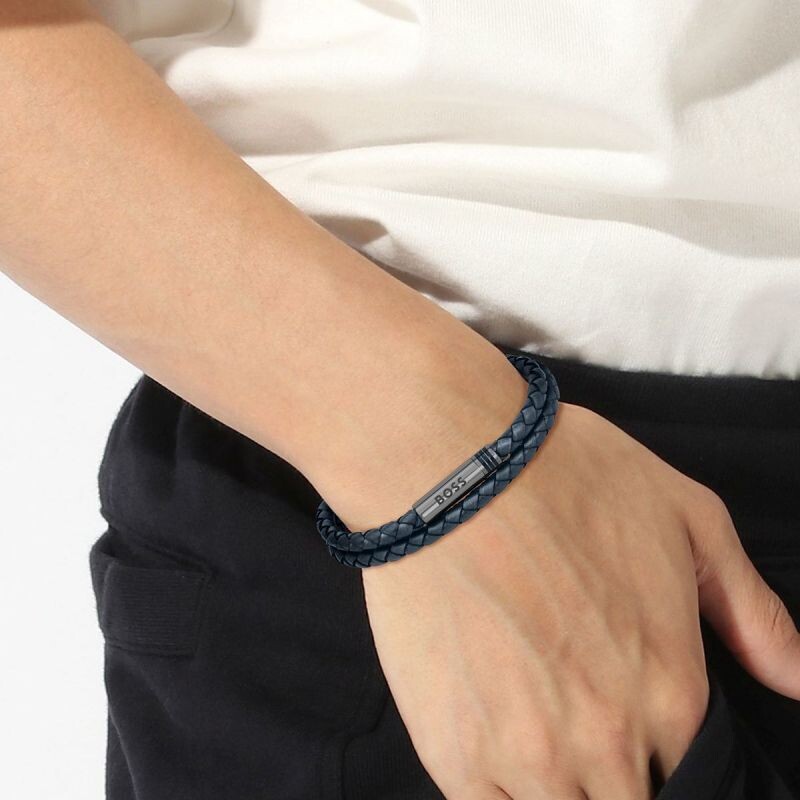 BOSS 1580494M Men's Blue Braided Leather w/ Grey IP Closure