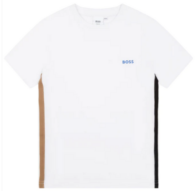 Hugo Boss J25N48/10B Boys White T-Shirt With Brown and Black Stripe With Blue Logo