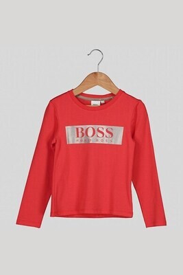 Hugo Boss Girls Red long sleeved shirt with a Gold banner J15404/977