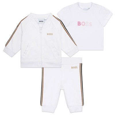 Hugo Boss J98403 Girl's Tracksuit & Short Sleeve T-Shirt Set 3PC (Boxed) – Pale Pink