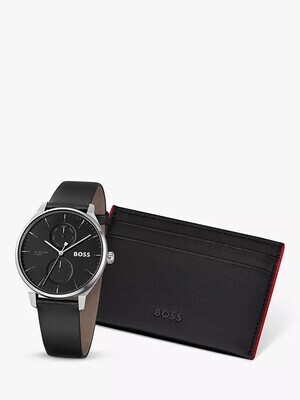 BOSS 1570163 Men's Tyler Leather Strap Watch & Card Holder Set 2PC/ BLACK (BOX)