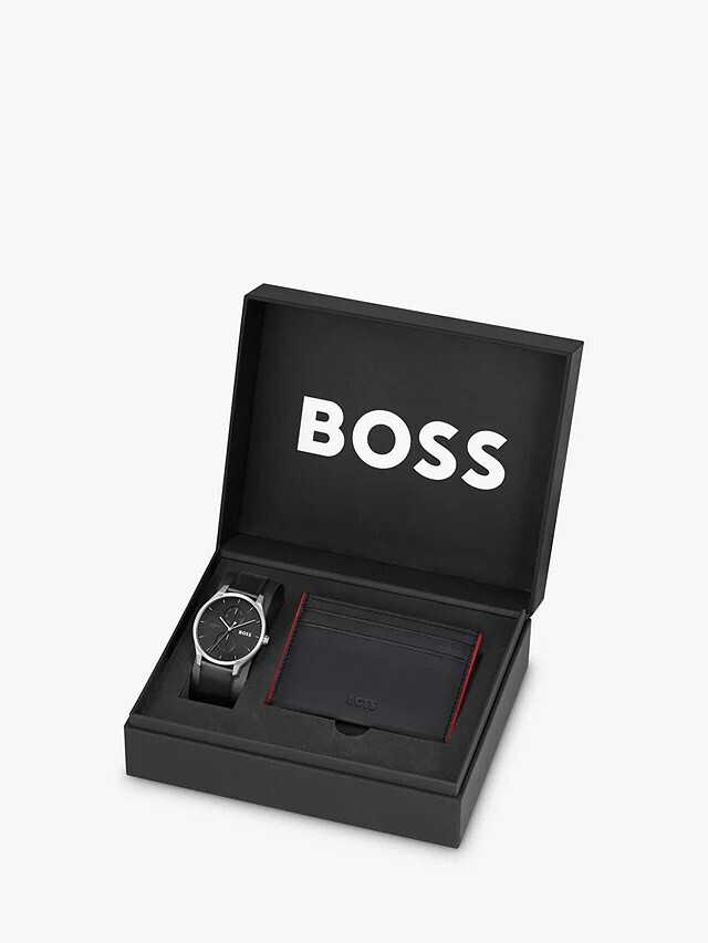 BOSS 1570163 Men's Tyler Leather Strap Watch & Card Holder Set 2PC/ BLACK (BOX)