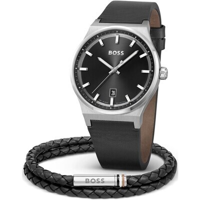 Hugo Boss 1570158 Men's Cando Leather Strap Watch & Braided Leather Bracelet Set 2PC/ BLACK (BOX)