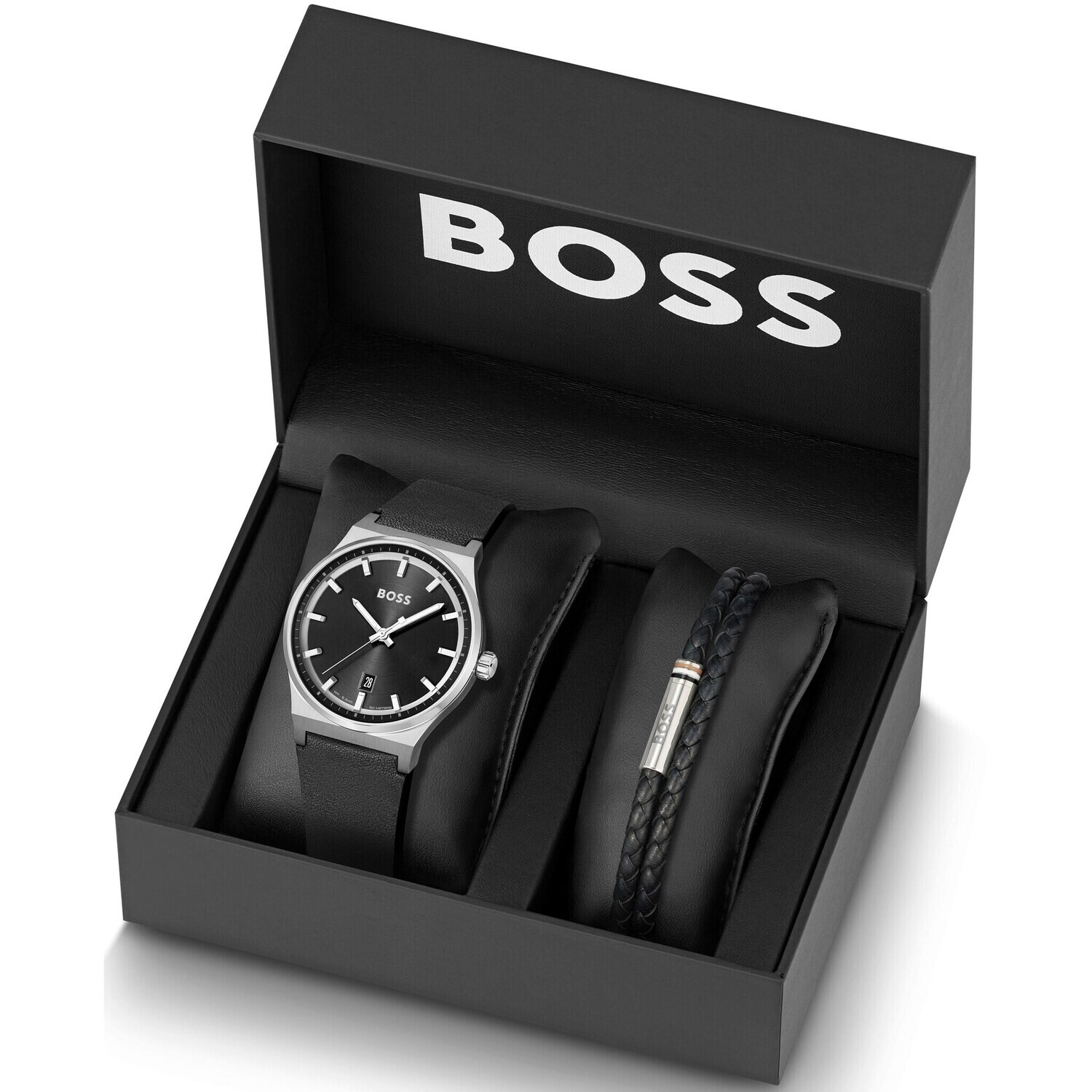 Hugo Boss 1570158 Men's Cando Leather Strap Watch & Braided Leather Bracelet Set 2PC/ BLACK (BOX)