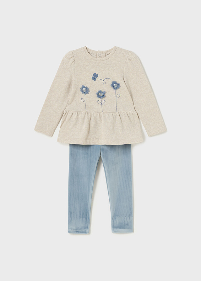 Mayoral 2765 baby girl long sleeve top with bluebell flowers and blue velvet leggings set, Size: 6m