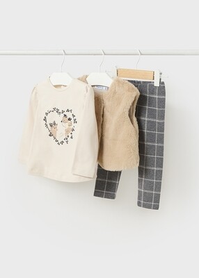 Mayoral 2766 Beige Fur Vest, Long Sleeve Top, Grey Check Tights / 3PC