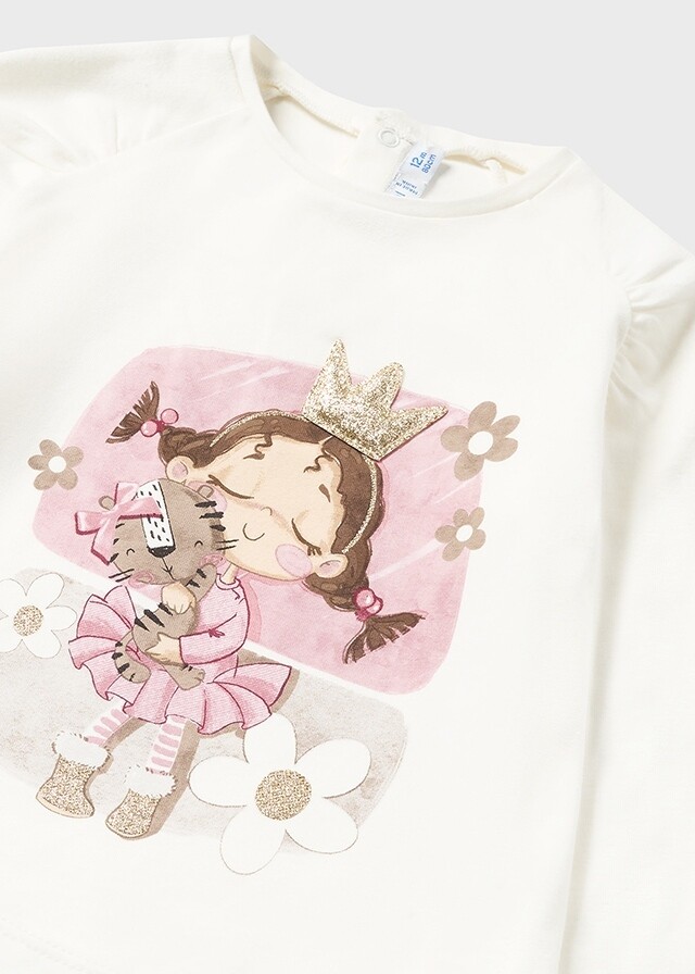 Mayoral 2010 baby girl long sleeve t-shirt crudo with girl with pigtails and rosado polka dot skirt set