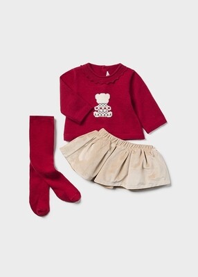 Mayoral 2867 Baby Girl's Long Sleeve Knit Sweater, Velvet Skirt & Knit Stockings Set 3PC