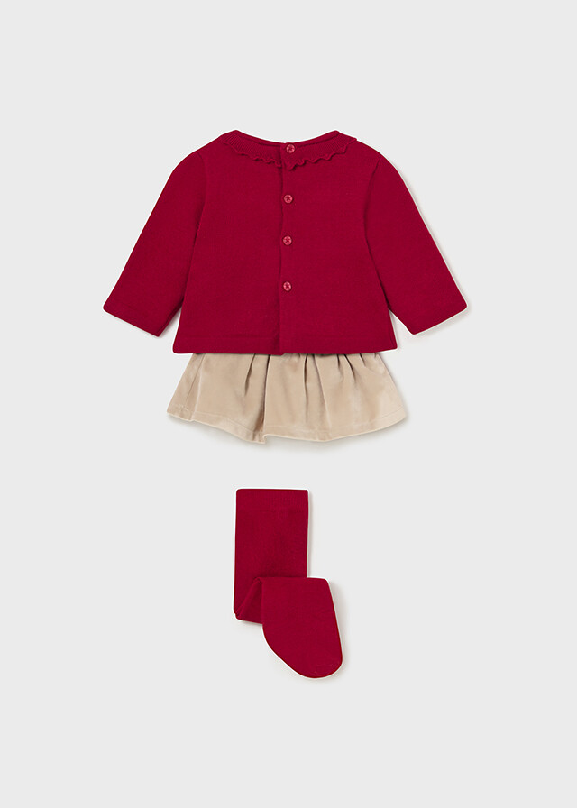 Mayoral 2867 Baby Girl's Long Sleeve Knit Sweater, Velvet Skirt & Knit Stockings Set 3PC