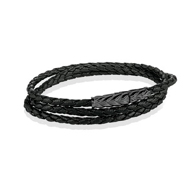 Italgem SLB560-7.5" Men's Black- Matte- IP S. Steel Chevron- Clasp Black- Leather Triple- Wrap Bracelet 7.5"