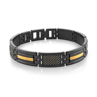 Italgem SMB339 Men's Black IP Steel Gold IP Strip Carbon Fibre Bracelet