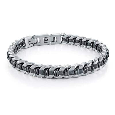 Italgem SMB626-BLACK S.Steel Matte Curb-Link Leather 8"EXT-Bracelet