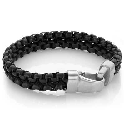 Italgem SMB292-8.5" Men’s Black-IP-S. Steel Double-Row Round-Box Nylon-Cord Bracelet 8.5”