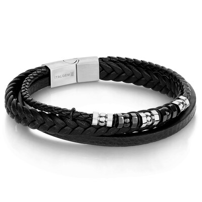 Italgem SLB329-8.5’’ Black Leather Triple Wrap w/ S.S. Beads Bracelet