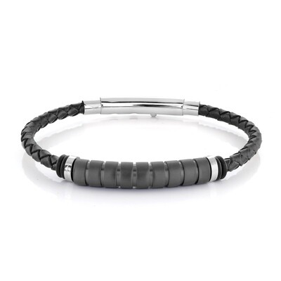 Italgem SLB501 Men's S. Steel Black-IP Matte Centre Black Leather Adjustable Bracelet