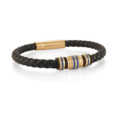 Italgem SLB556 Men's Gold IP S. Steel Blue Lines Blue Leather Bracelet