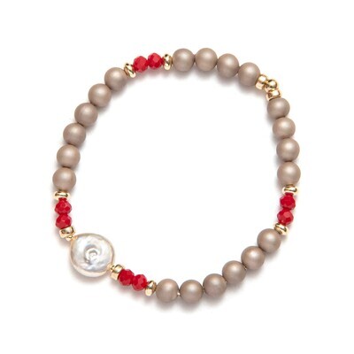 Beblue BBSURCAPTI-R-TS Gold Be Captivating Beige Pearl & Red Bead Bracelet - Twinkle & Shine