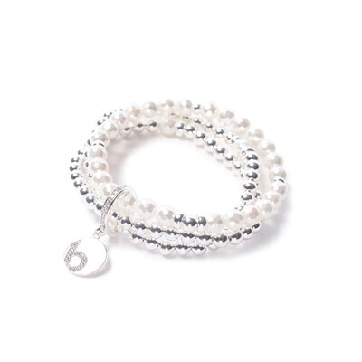 Beblue BBESS-PW Silver Be Essential White Pearl Triple Bracelet w/ Dangle - Essentials