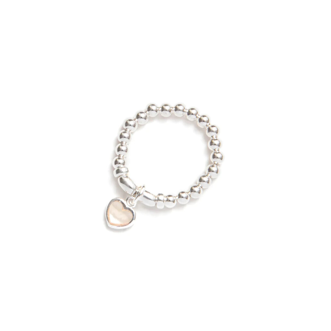 Beblue BRELASTIC-BSHN Silver Bead & MOP Heart Charm Elastic Ring