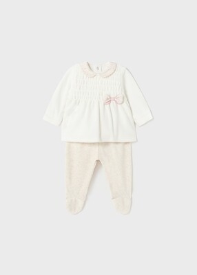 Mayoral 2501 Long Sleeve Velour White Sweater & Beige Leg Warmer Set