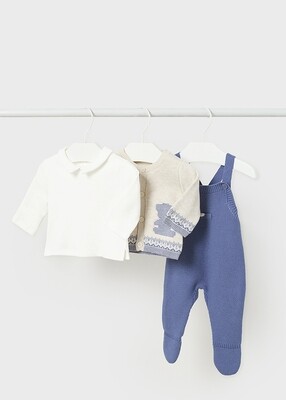 Mayoral 2677 Baby Boy's Long Sleeve T-Shirt, Knit Sweater & Overalls Set 3PC