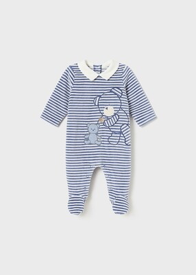 Mayoral 2750 Baby Boy's Striped Velour Onesie w/ Bear Design – Blue