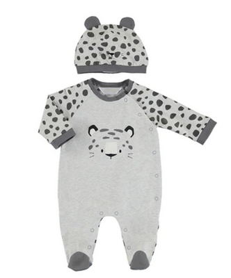 Mayoral 1638 /Baby Boys / Grey Onesie Pyjama w/ Charcoal Cheetah Print Long Sleeves & Cheetah Hat Set