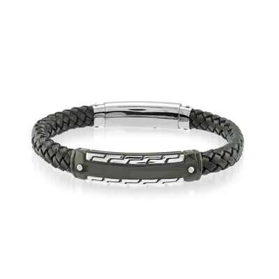 Italgem SLB163 Men's Steel Black-IP Deco-Texture Greek-Key Black Leather Adjustable Bracelet