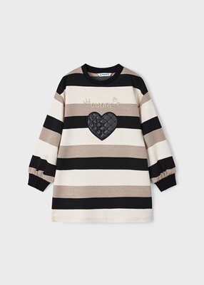 Mayoral 4930 Girl's Striped Long Sleeve "Cuore" Dress – Beige & Black