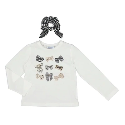 Mayoral 4006 Long Sleeve White T-Shirt Black/Beige Bows & Scrunchie Set