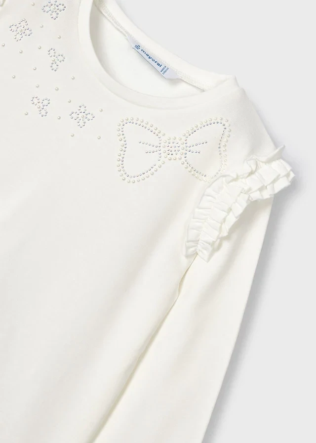 Mayoral 4003 girls junior long crudo sleeve top with bow design and ruffles