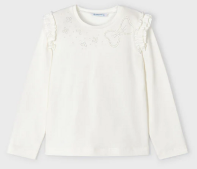 Mayoral 4003 girls youth long crudo sleeve top with bow design and ruffles