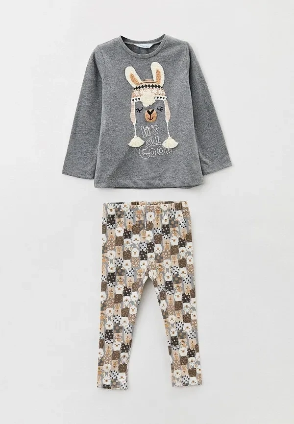 Mayoral 4795 girls junior long sleeve T shirt acero vig with llama and llama pattered tights set
