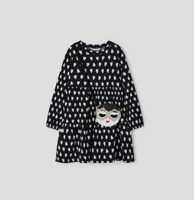 Mayoral 4932 girls junior long sleeved black dress with white heart pattern with face purse set