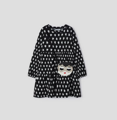 Mayoral 4932 girls youth long sleeved black dress with white heart pattern with face purse set