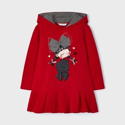 Mayoral 4933 Girl's Red Hoodie Dress w/ Girl Design