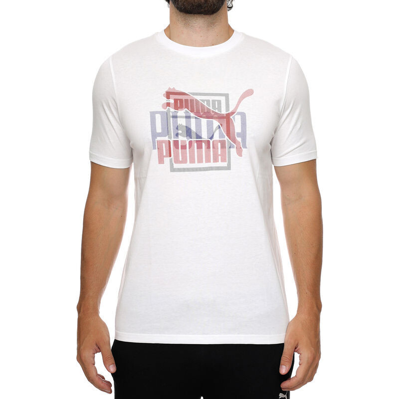Puma 538180 02 Mens White T-Shirt with Blue, Red, Black Logo Design , Size: XS