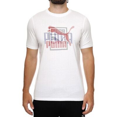 Puma 538180 02 Mens White T-Shirt with Blue, Red, Black Logo Design 