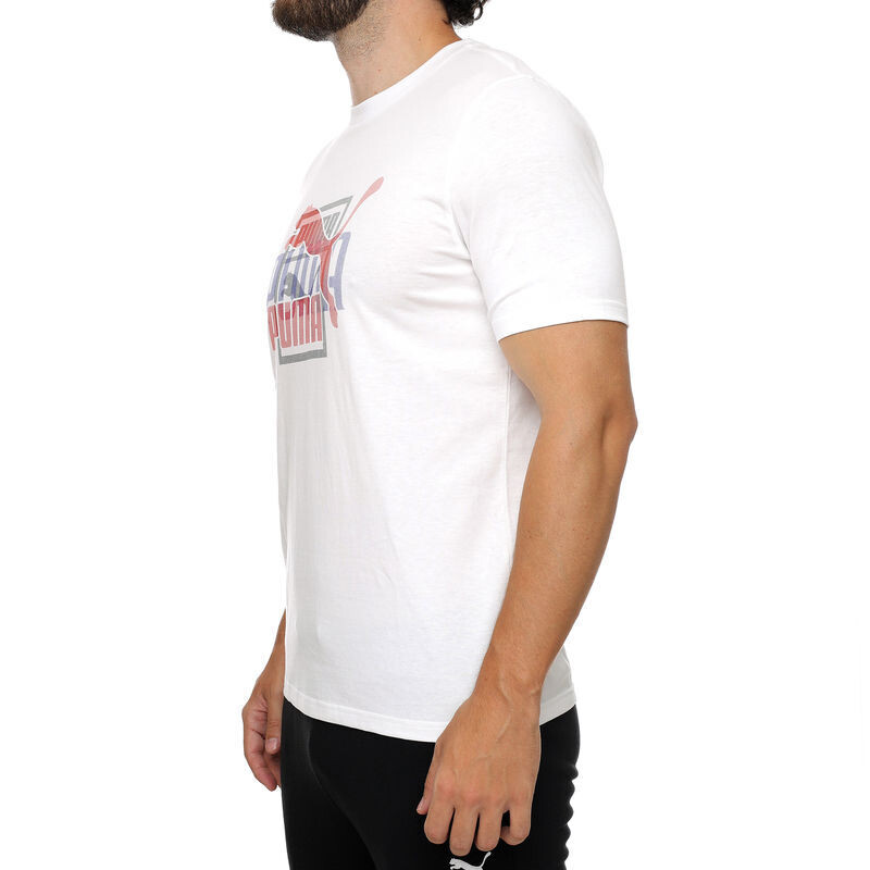 Puma 538180 02 Mens White T-Shirt with Blue, Red, Black Logo Design 