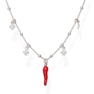 Amen CLCSQBR Women's Sterling Silver Red Enamel Cornetto Pendant & Clover Charms Necklace - Lucky Horns