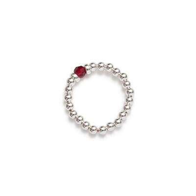 Beblue BRELASTIC-ROUGE Silver Bead & Red Crystal Elastic Ring