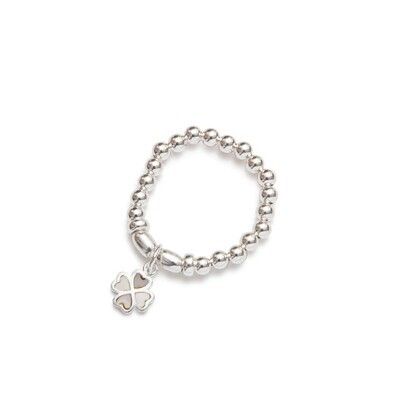 Beblue BRELASTIC-BSFN Silver Bead & MOP Clover Charm Elastic Ring
