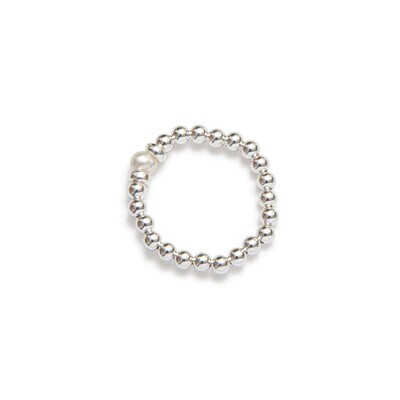 Beblue BRELASTIC-FW Silver Bead & White Pearl Elastic Ring