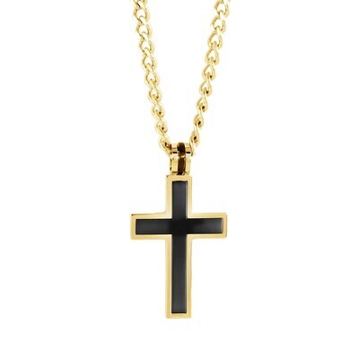 Italgem SC161 Men's Gold IP S. Steel Black IP Centre Brushed Cross 22" Necklace