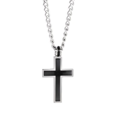 Italgem SC30 Men's S. Steel Black-IP Brushed Cross & Curb Chain 22" Necklace