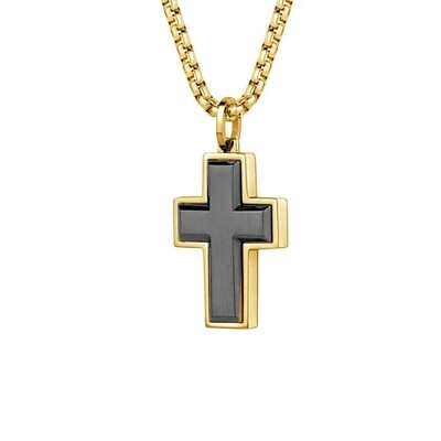 Italgem SC92 Men's Black IP Centre Gold IP Steel Polished Edge Cross & Box Chain Necklace