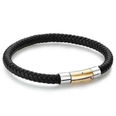 Italgem SLB361 Men's S. Steel Gold IP Push Clasp Black Leather Bracelet